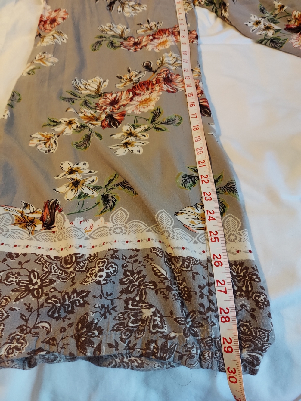 Angie Boho Wide Leg Floral Pants in Taupe with Pink & Green Accents - Picture 6 of 9
